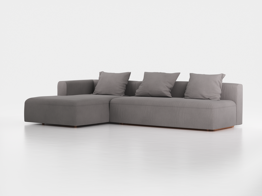 Lounge-Sofa Sereno mit Schlaffunktion inkl. 3 Kissen (70x55 cm), B 320,5 x T 180 cm, Bodennah, Liegeteil links, mit Bezug Wollstoff Elverum Mocca (73), Buche