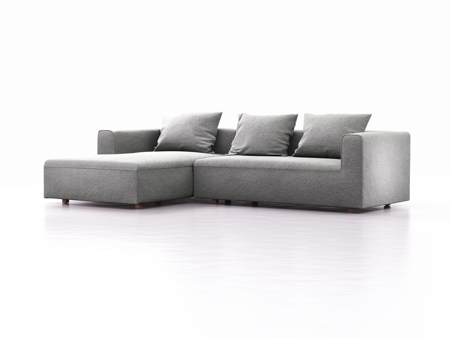 Lounge-Sofa Sereno, bodennah, B297xT180xH71 cm, Sitzhöhe 43 cm, mit Liegeteil links inkl. 3 Kissen (70x55 cm), Buche, Wollstoff Kaland Kiesel