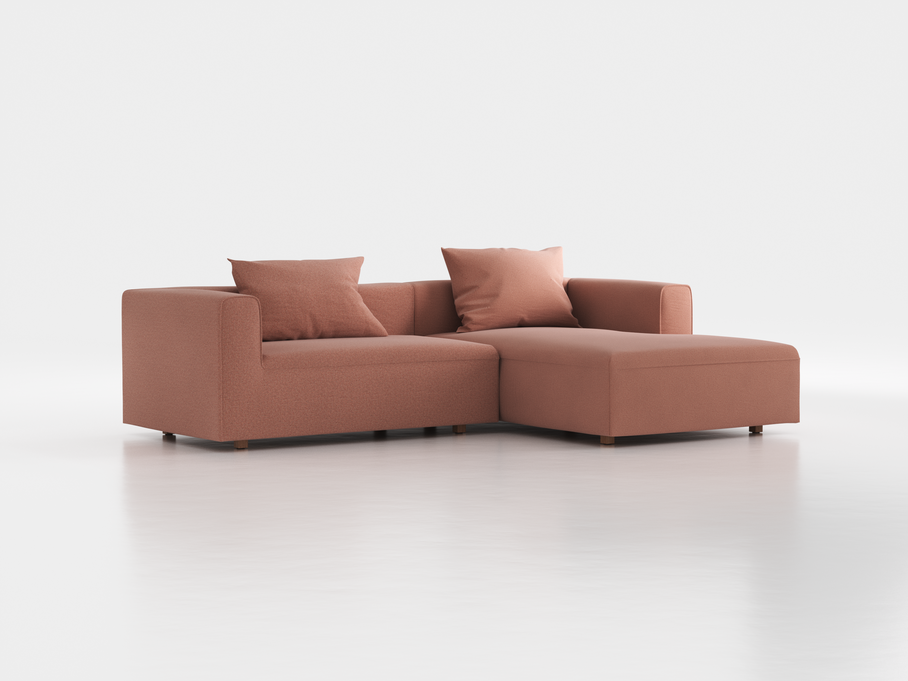 Lounge-Sofa Sereno inkl. 2 Kissen (70x55 cm), B 267 x T 180 cm, Liegeteil rechts, Bodennah, mit Bezug Wollstoff Elverum Ziegel (85), Eiche