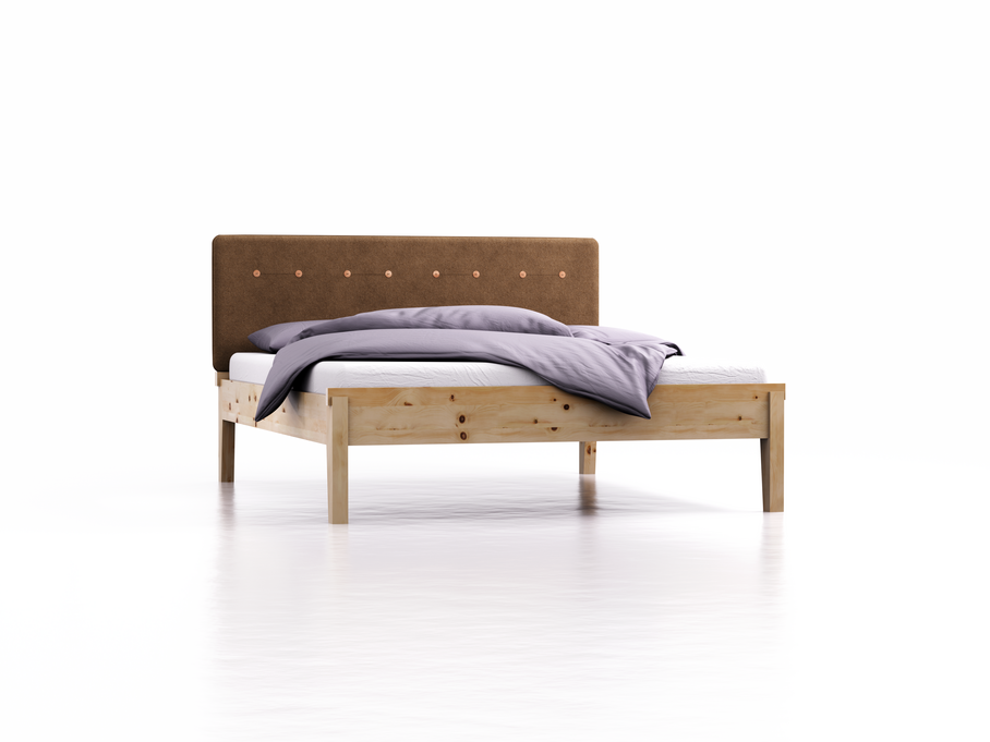 Bett Alpina mit Polsterbetthaupt, Wollstoff Stavang Haselnuss, Breite 160 cm x Länge 200 cm, Zirbe