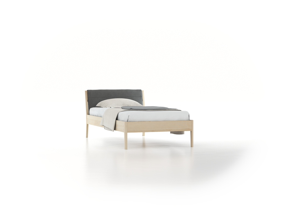 Bett Almeno mit Kopfhaupt inkl. abnehmbare Housse, 100 x 200 cm, Wollstoff Elverum Mocca (73), Esche