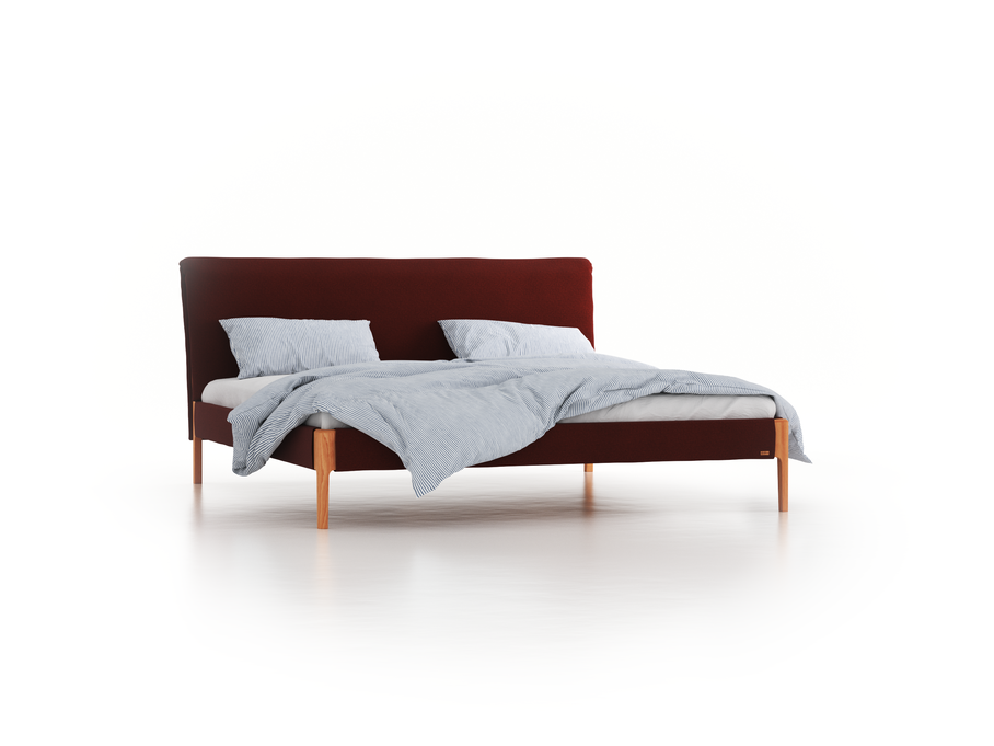 Bett Lorea mit Polsterbetthaupt, 200 x 210 cm, Wollstoff Kaland Ziegel (72), Buche