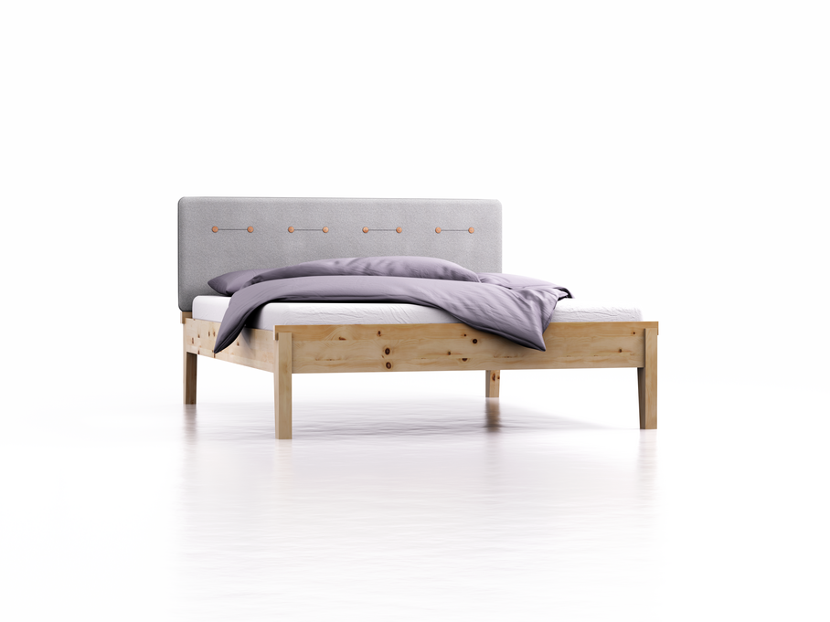 Bett Alpina mit Polsterbetthaupt, Wollstoff Stavang Kiesel, Breite 160 cm x Länge 200 cm, Zirbe
