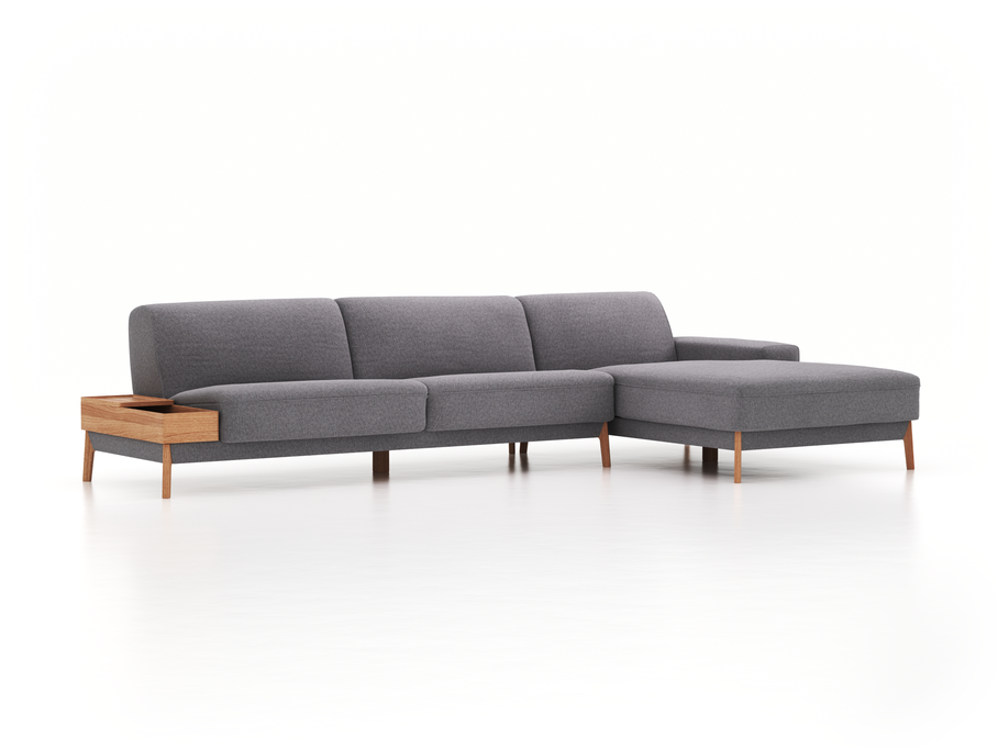 Lounge-Sofa Alani, B 340 x T 179 cm, Liegeteil rechts, Sitzhöhe in cm 44, mit Bezug Wollstoff Kaland Kiesel (68), Eiche