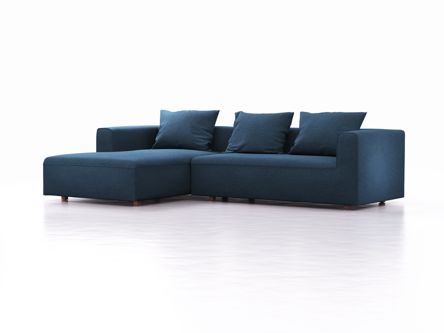Lounge-Sofa Sereno, bodennah, B297xT180xH71 cm, Sitzhöhe 43 cm, mit Liegeteil links inkl. 3 Kissen (70x55 cm), Buche, Wollstoff Elverum Ozean