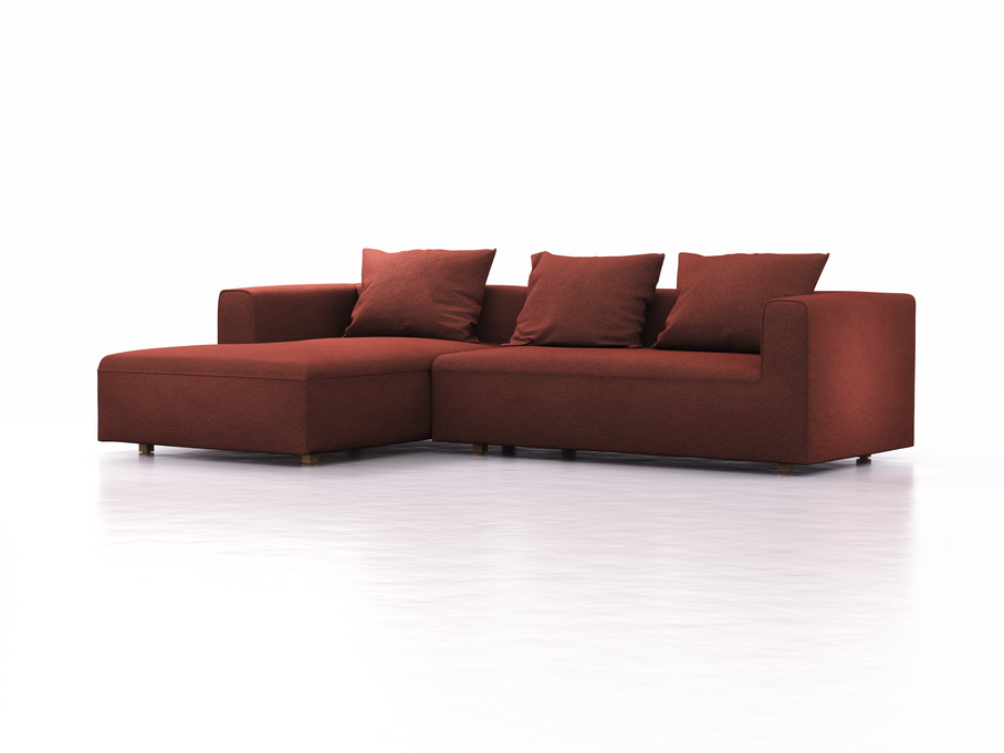Lounge-Sofa Sereno, bodennah, B297xT180xH71 cm, Sitzhöhe 43 cm, mit Liegeteil links inkl. 3 Kissen (70x55 cm), Eiche, Wollstoff Kaland Ziegel