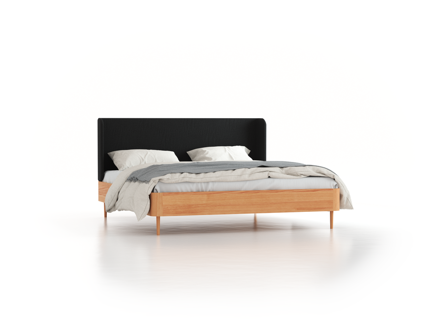 Bett Tonda mit Polsterbetthaupt, 180 x 200 cm, Wollstoff Stavang Schiefer (60), Buche