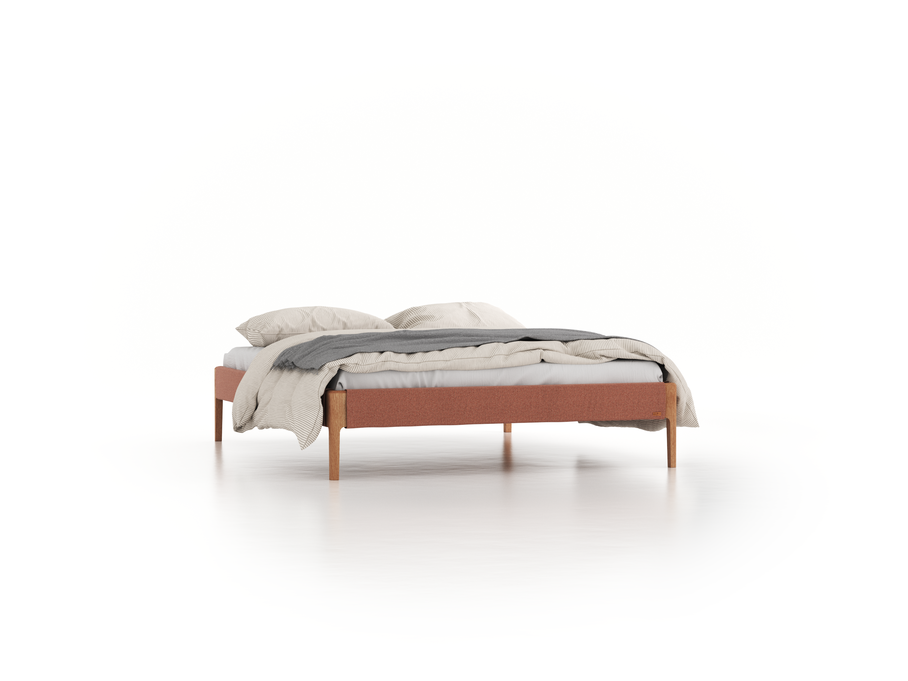 Bett Lorea ohne Betthaupt, 160 x 200 cm, Wollstoff Elverum Ziegel (85), Eiche