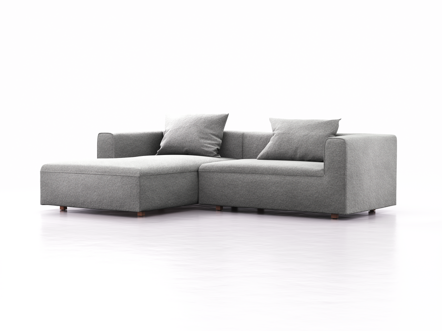 Lounge-Sofa Sereno, bodennah, B267xT180xH71 cm, Sitzhöhe 43 cm, mit Liegeteil links inkl. 2 Kissen (70x55 cm), Buche, Wollstoff Kaland Kiesel