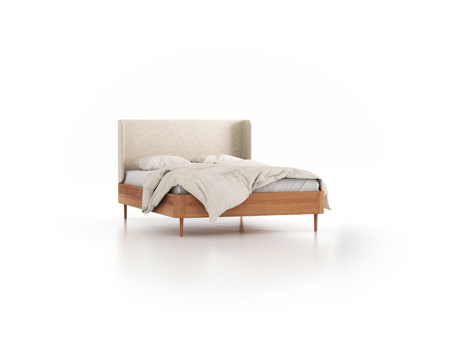 Bett Tonda mit Polsterbetthaupt, 140 x 200 cm, Wollstoff Tano Natur Hell (80), Eiche