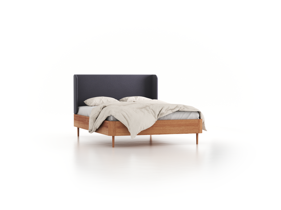Bett Tonda mit Polsterbetthaupt, 140 x 200 cm, Wollstoff Elverum Torfblau (82), Eiche