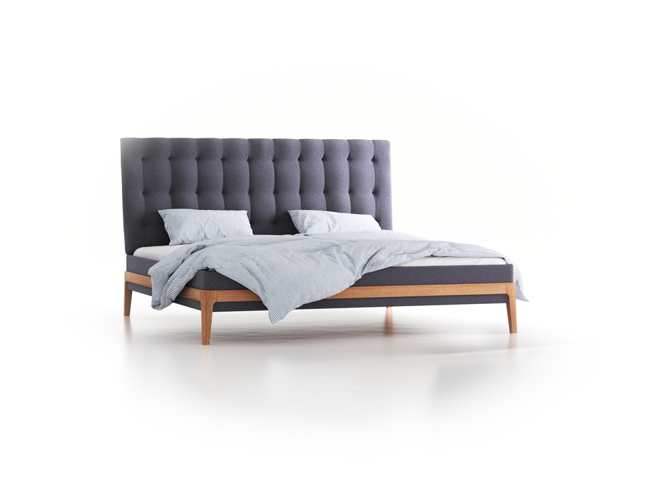 Polsterbett Filomena, 200 x 200 cm, Wollstoff Elverum Torfblau (82), Eiche