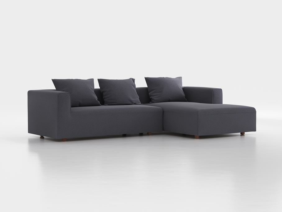 Lounge-Sofa  Sereno inkl. 3 Kissen (70x55 cm), B 297 x T 180 cm, Liegeteil rechts, Bodennah, mit Bezug Wollstoff Elverum Torfblau (82), Eiche