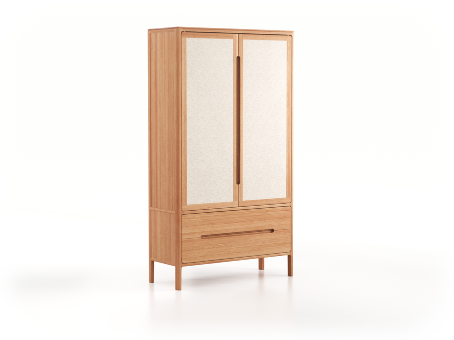 Vitrine Tenso, 2-türig, 2 Laden , Türfüllung Wollstoff Tano Natur Hell (80), Eiche