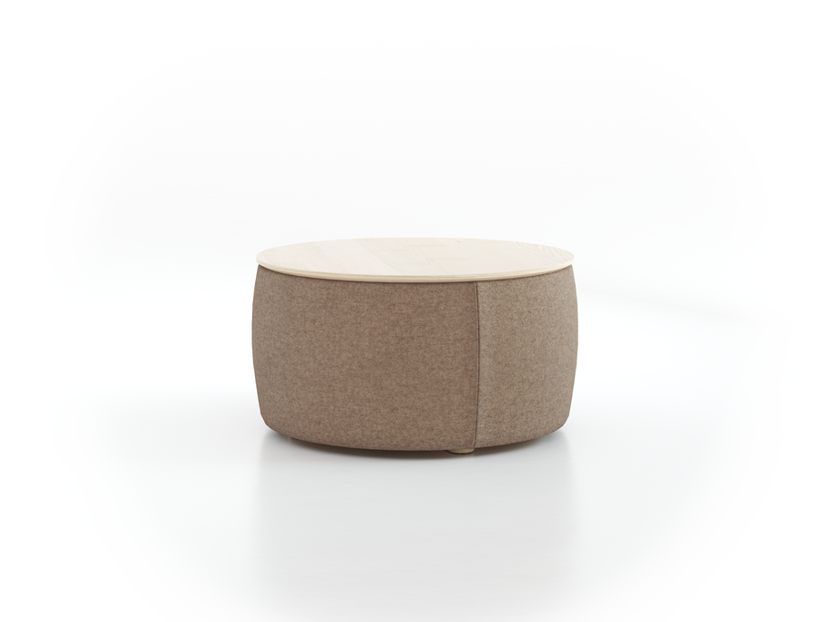 Sofatisch/Hocker Tambor mit Stauraum u. Holzdeckel, H 34,3 cm, Ø 64 cm, Bezug Wollstoff Stavang Sand (66), Esche