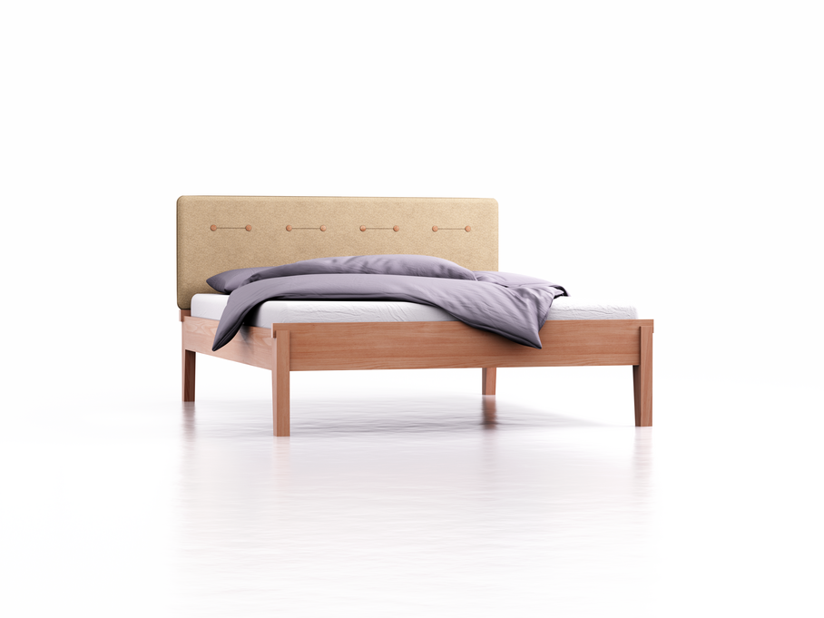 Bett Alpina mit Polsterbetthaupt, Wollstoff Stavang Sand, Breite 160 cm x Länge 200 cm, Buche