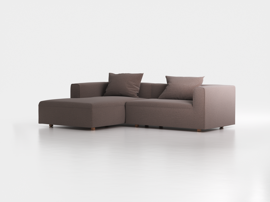 Lounge-Sofa Sereno  inkl. 2 Kissen (70x55 cm), B 267 x T 180 cm, Liegeteil links, Bodennah, mit Bezug Wollstoff Tano Natur Dunkel (81), Eiche