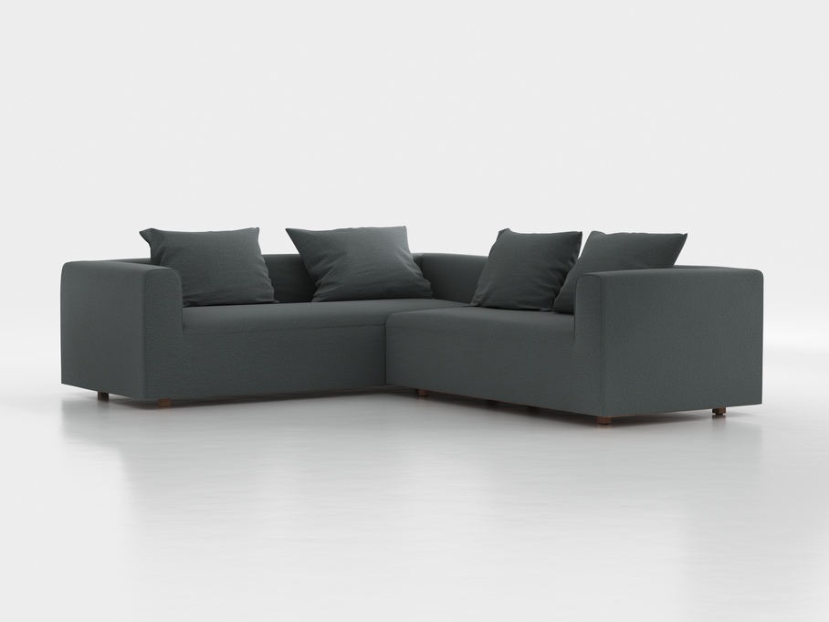 Ecksofa Sereno inkl. 4 Kissen (70x55 cm), Eckteil links, B 276 x T 235 cm, Bodennah, mit Bezug Wollstoff Elverum Grüngrau (84), Eiche