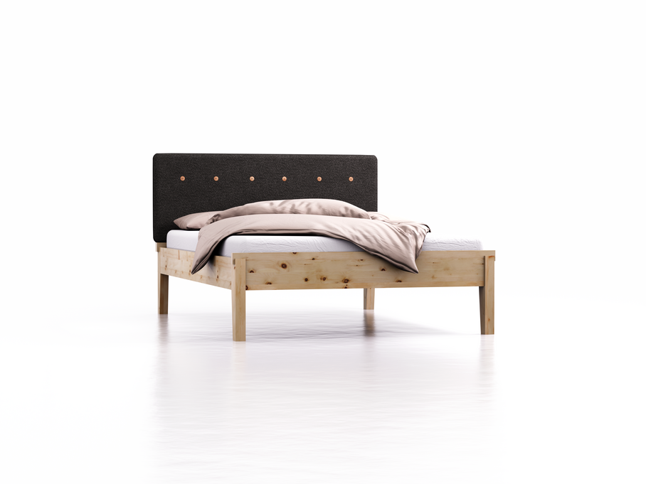 Bett Alpina mit Polsterbetthaupt, Wollstoff Stavang Schiefer, Breite 140 cm x Länge 200 cm, Zirbe