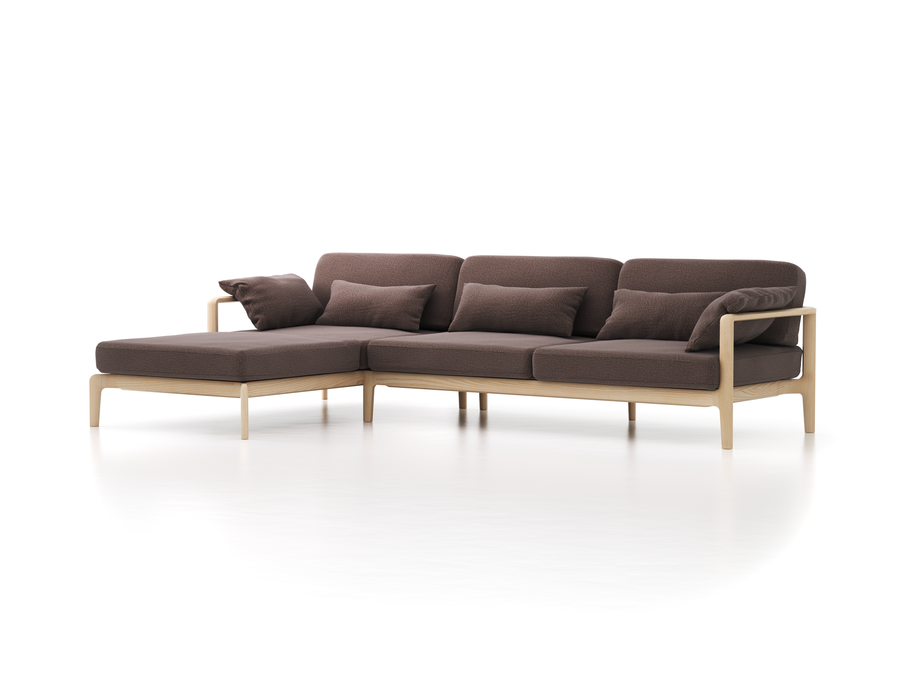 Loungesofa Linera, breit mit Liegeteil links, Wollstoff Tano Natur Dunkel (81), Esche
