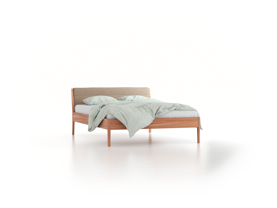 Bett Almeno mit Kopfhaupt inkl. abnehmbare Housse, 140 x 200 cm, Wollstoff Stavang Sand (66), Kernbuche