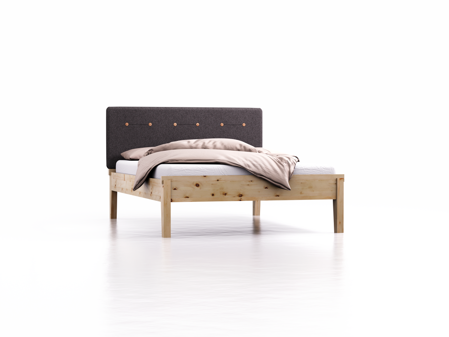 Bett Alpina mit Polsterbetthaupt, Wollstoff Stavang Stein, Breite 140 cm x Länge 200 cm, Zirbe