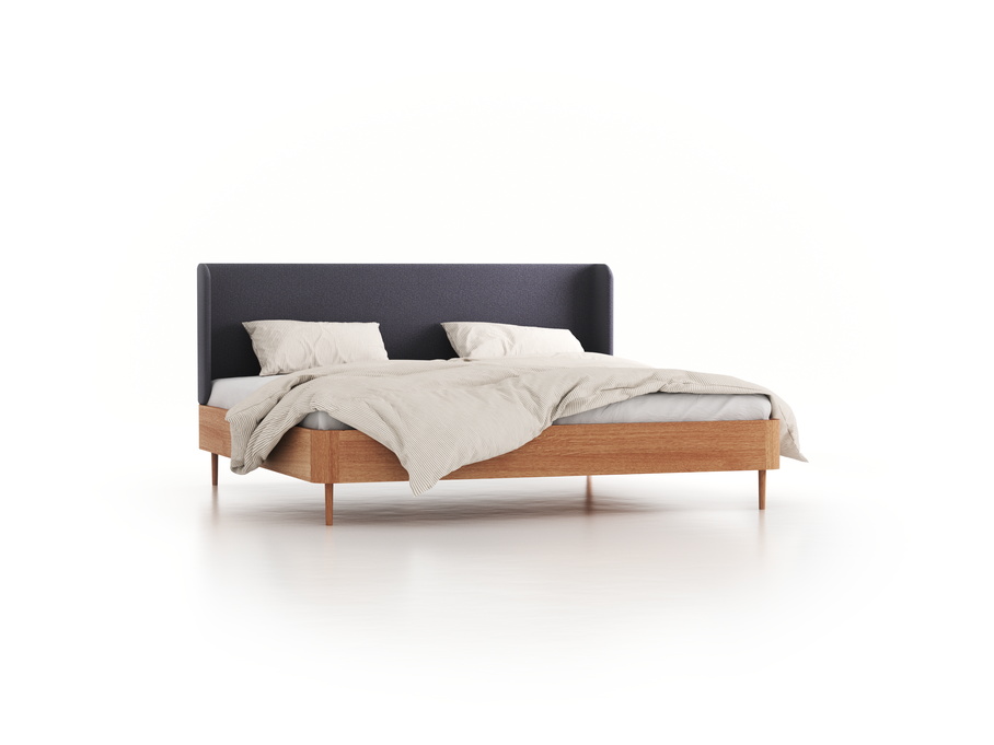 Bett Tonda mit Polsterbetthaupt, 200 x 200 cm, Wollstoff Elverum Torfblau (82), Eiche