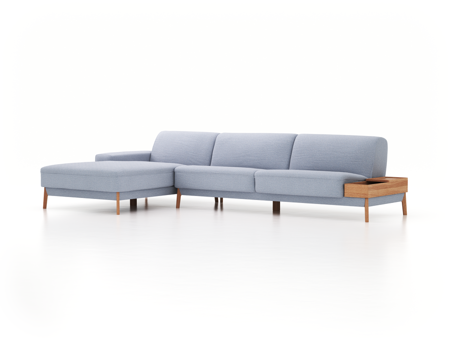 Lounge-Sofa Alani, B 340 x T 179 cm, Liegeteil links, Sitzhöhe in cm 44, mit Bezug Wollstoff Elverum Blaugrau (83), Eiche
