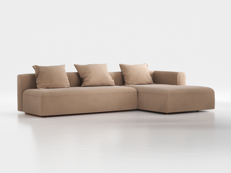 Lounge-Sofa Sereno mit Schlaffunktion inkl. 3 Kissen (70x55 cm), B 320,5 x T 180 cm, Bodennah, Liegeteil rechts, mit Bezug Wollstoff Elverum Haselnuss (74), Buche