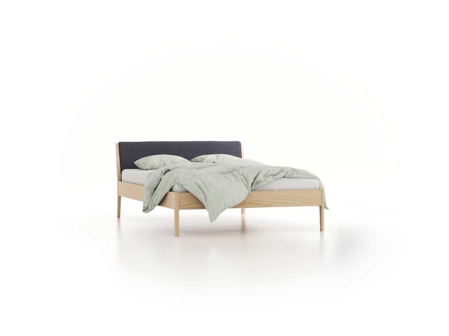 Bett Almeno mit Kopfhaupt inkl. wechselbarer Housse, 140 x 200 cm, Wollstoff Elverum Torfblau (82), Esche