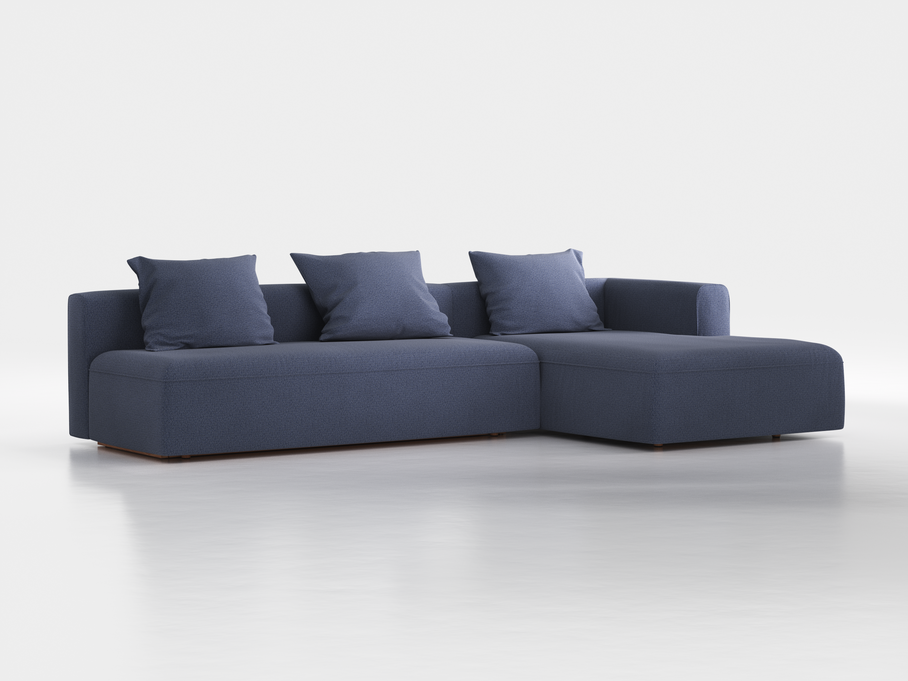 Lounge-Sofa Sereno mit Schlaffunktion inkl. 3 Kissen (70x55 cm), B 320,5 x T 180 cm, Bodennah, Liegeteil rechts, mit Bezug Wollstoff Elverum Ozean (75), Buche