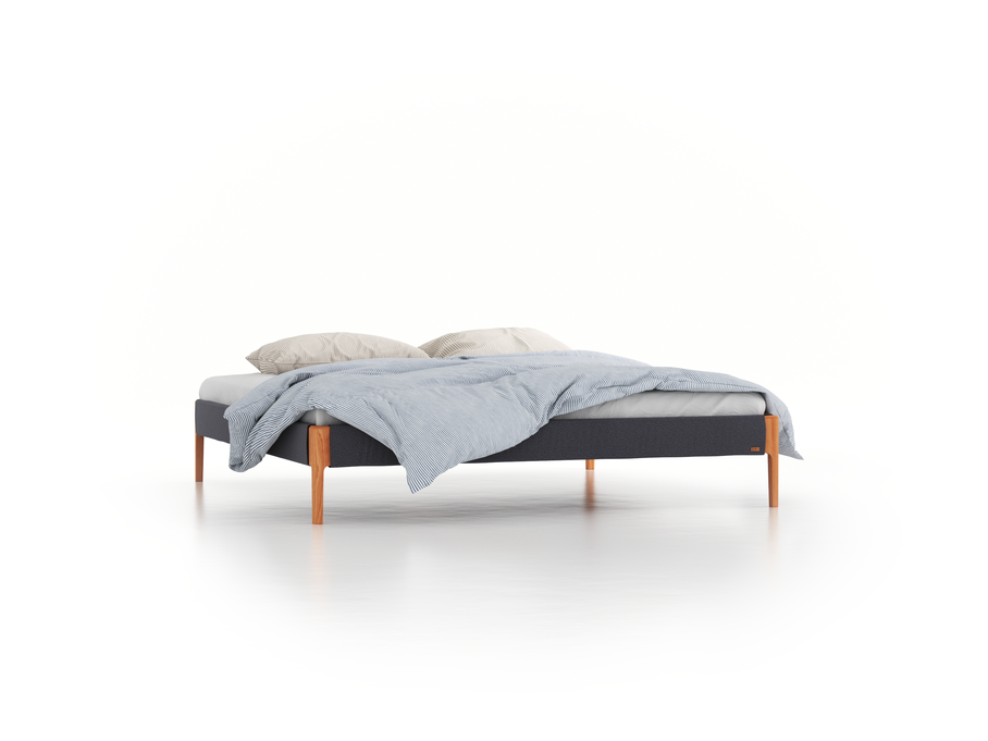 Bett Lorea ohne Betthaupt, 200 x 200 cm, Wollstoff Elverum Torfblau (82), Buche