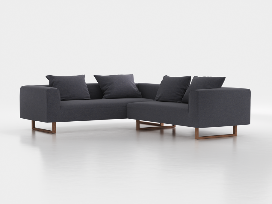 Ecksofa Sereno inkl. 4 Kissen (70x55 cm), Eckteil links, B 276 x T 235 cm, Kufenfuß, mit Bezug Wollstoff Elverum Torfblau (82), Eiche