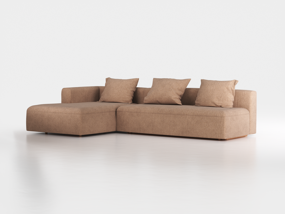 Lounge-Sofa Sereno mit Schlaffunktion inkl. 3 Kissen (70x55 cm), B 320,5 x T 180 cm, Bodennah, Liegeteil links, mit Bezug Wollstoff Stavang Haselnuss (65), Buche