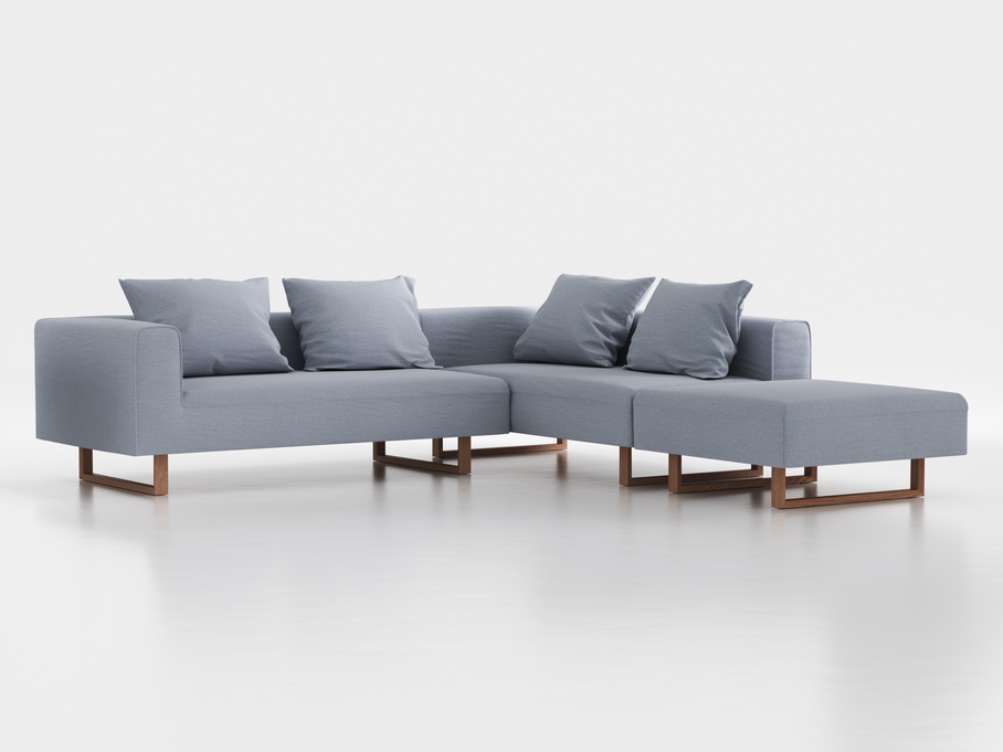 Ecksofa Sereno, 276 x 276 cm, inkl. 4 Kissen (70 x 55 cm), Liegeteil rechts, Kufenfuß, mit Bezug Wollstoff Elverum Blaugrau (83), Eiche