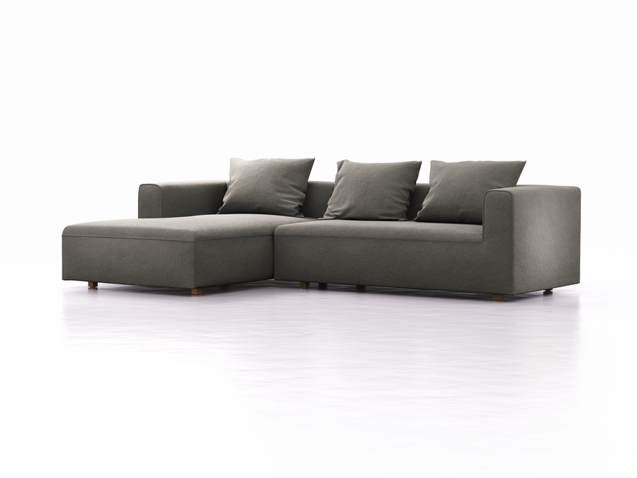 Lounge-Sofa Sereno, bodennah, B297xT180xH71 cm, Sitzhöhe 43 cm, mit Liegeteil links inkl. 3 Kissen (70x55 cm), Eiche, Wollstoff Elverum Mocca