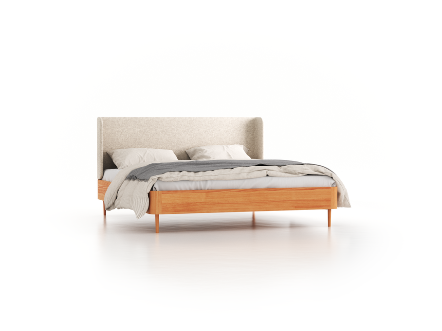 Bett Tonda mit Polsterbetthaupt, 180 x 200 cm, Wollstoff Tano Natur Hell (80), Buche
