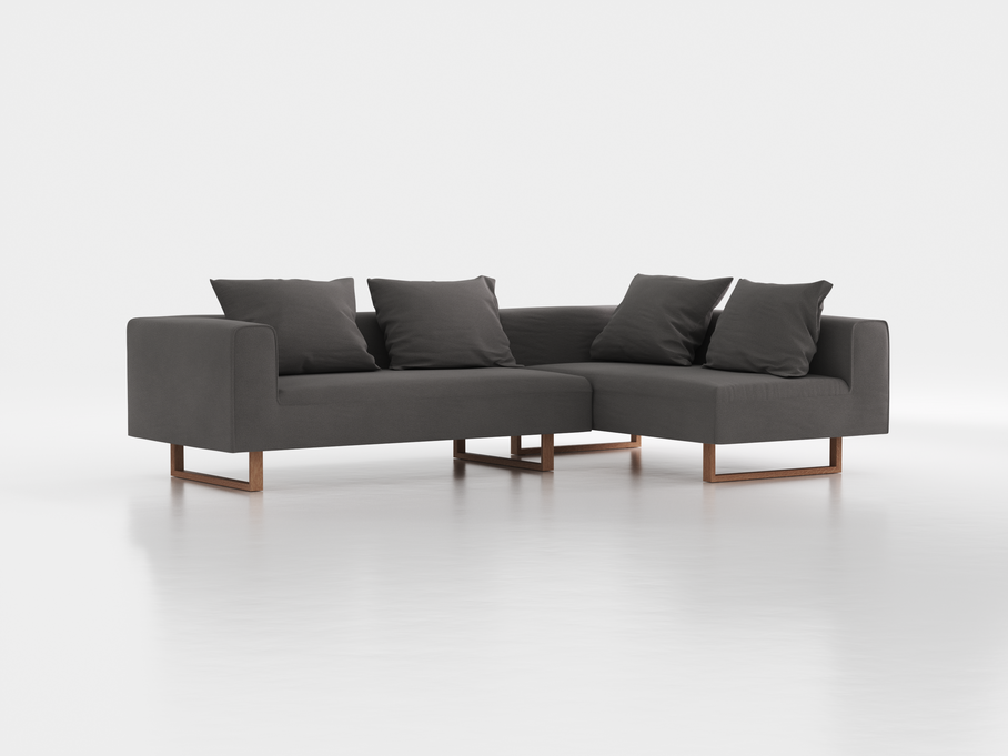 Ecksofa Sereno mit Liegeteil, inkl. 4 Kissen (70x55 cm), Liegeteil rechts, B 276 x T 180 cm, Kufenfuß, mit Bezug Wollstoff Elverum Mocca (73), Eiche