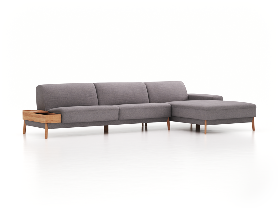 Lounge-Sofa Alani, B 340 x T 179 cm, Liegeteil rechts, Sitzhöhe in cm 44, mit Bezug Wollstoff Stavang Kiesel (62), Eiche