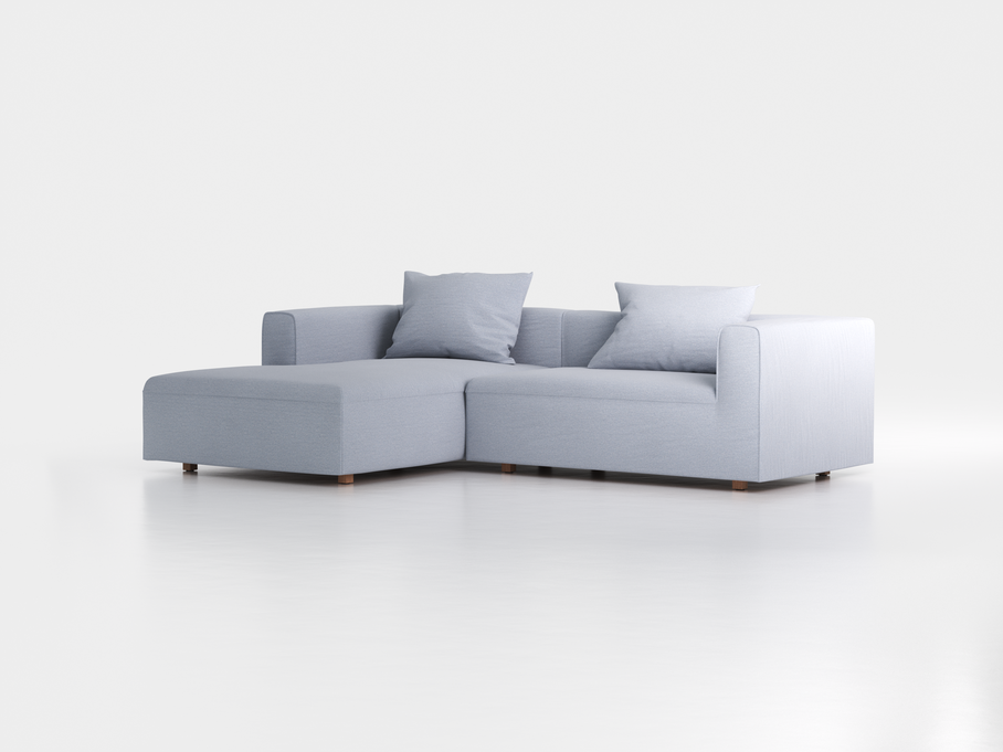 Lounge-Sofa Sereno  inkl. 2 Kissen (70x55 cm), B 267 x T 180 cm, Liegeteil links, Bodennah, mit Bezug Wollstoff Elverum Blaugrau (83), Eiche
