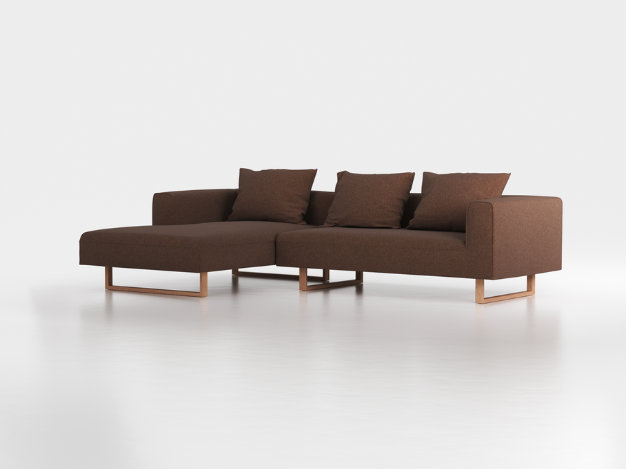 Lounge-Sofa Sereno inkl. 3 Kissen (70x55 cm), B 297 x T 180 cm, Liegeteil links, Kufenfuß, mit Bezug Wollstoff Stavang Torf (64), Eiche