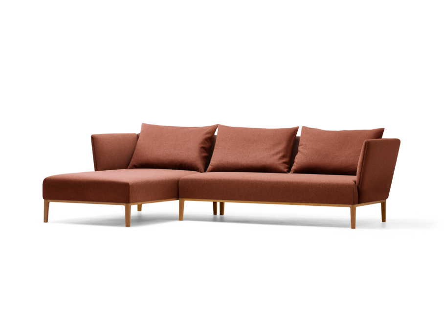 Lorea Lounge-Sofa, Liegeteil links, Buche, mit Bezug Wollstoff Kaland Ziegel