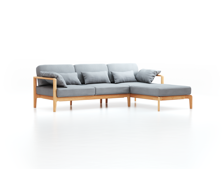 Loungesofa Linera, schmal mit Liegeteil rechts, Wollstoff Stavang Kiesel (62), Buche