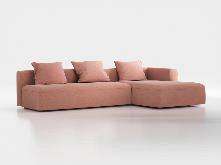 Lounge-Sofa Sereno mit Schlaffunktion inkl. 3 Kissen (70x55 cm), B 320,5 x T 180 cm, Bodennah, Liegeteil rechts, mit Bezug Wollstoff Elverum Ziegel (85), Buche