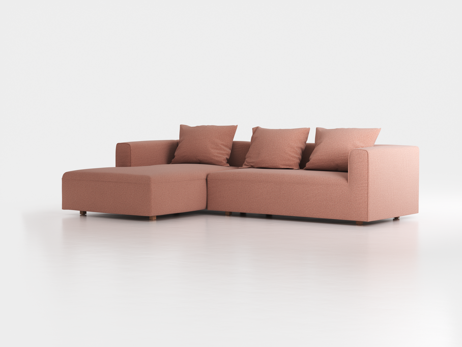 Lounge-Sofa Sereno inkl. 3 Kissen (70x55 cm), B 297 x T 180 cm, Liegeteil links, Bodennah, mit Bezug Wollstoff Elverum Ziegel (85), Eiche