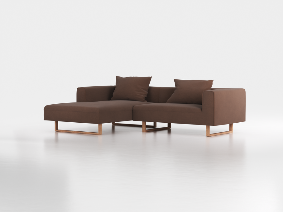 Lounge-Sofa Sereno inkl. 2 Kissen (70x55 cm), B 267 x T 180 cm, Liegeteil links, Kufenfuß, mit Bezug Wollstoff Kaland Torf (70), Eiche