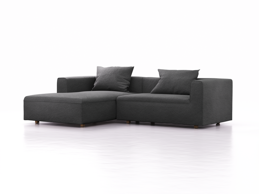 Lounge-Sofa Sereno, bodennah, B267xT180xH71 cm, Sitzhöhe 43 cm, mit Liegeteil links inkl. 2 Kissen (70x55 cm), Eiche, Wollstoff Kaland Schiefer