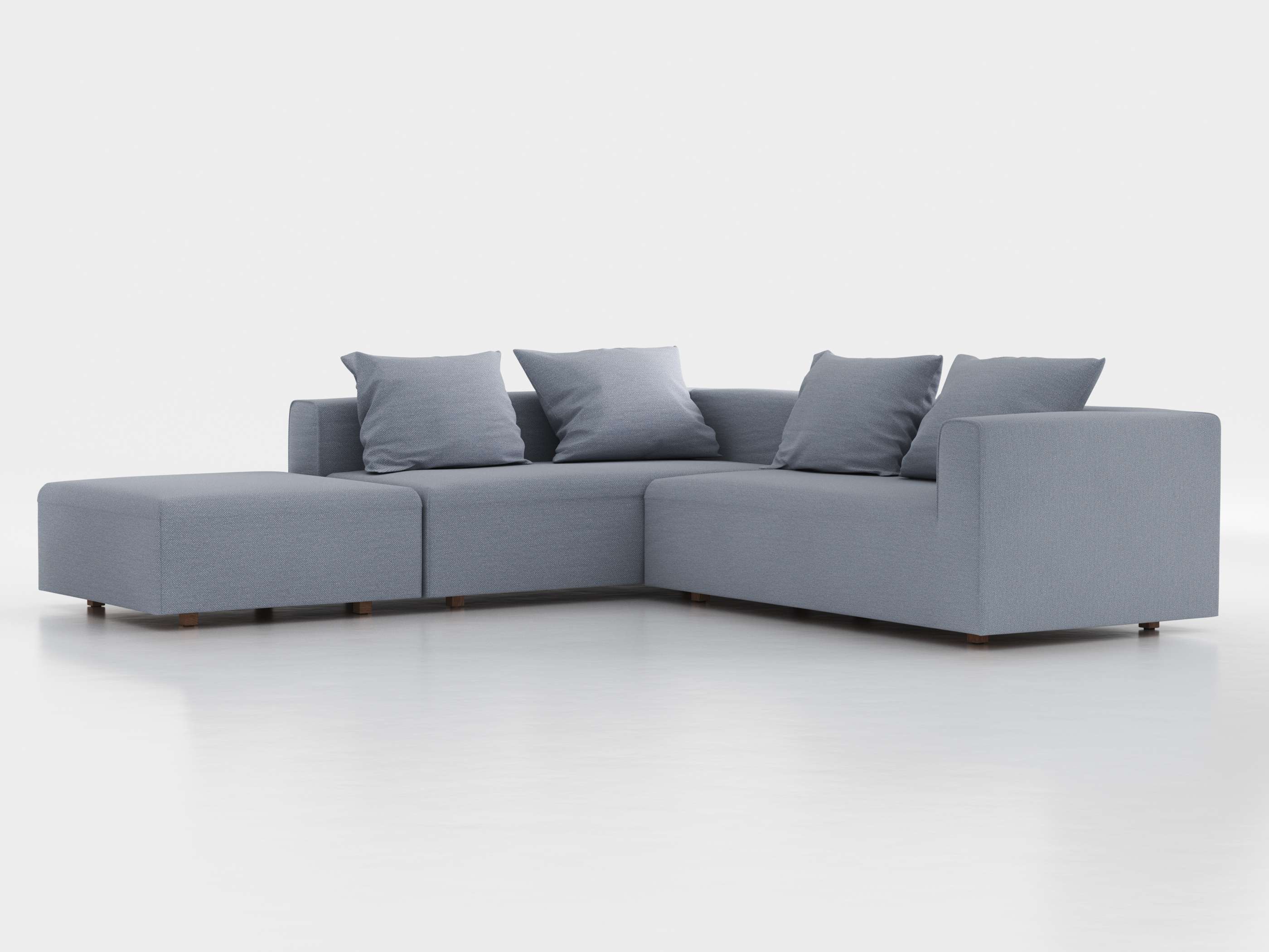 Ecksofa Sereno, 276 x 276 cm, inkl. 4 Kissen (70 x 55 cm), Liegeteil links, Bodennah, mit Bezug Wollstoff Elverum Blaugrau (83), Eiche