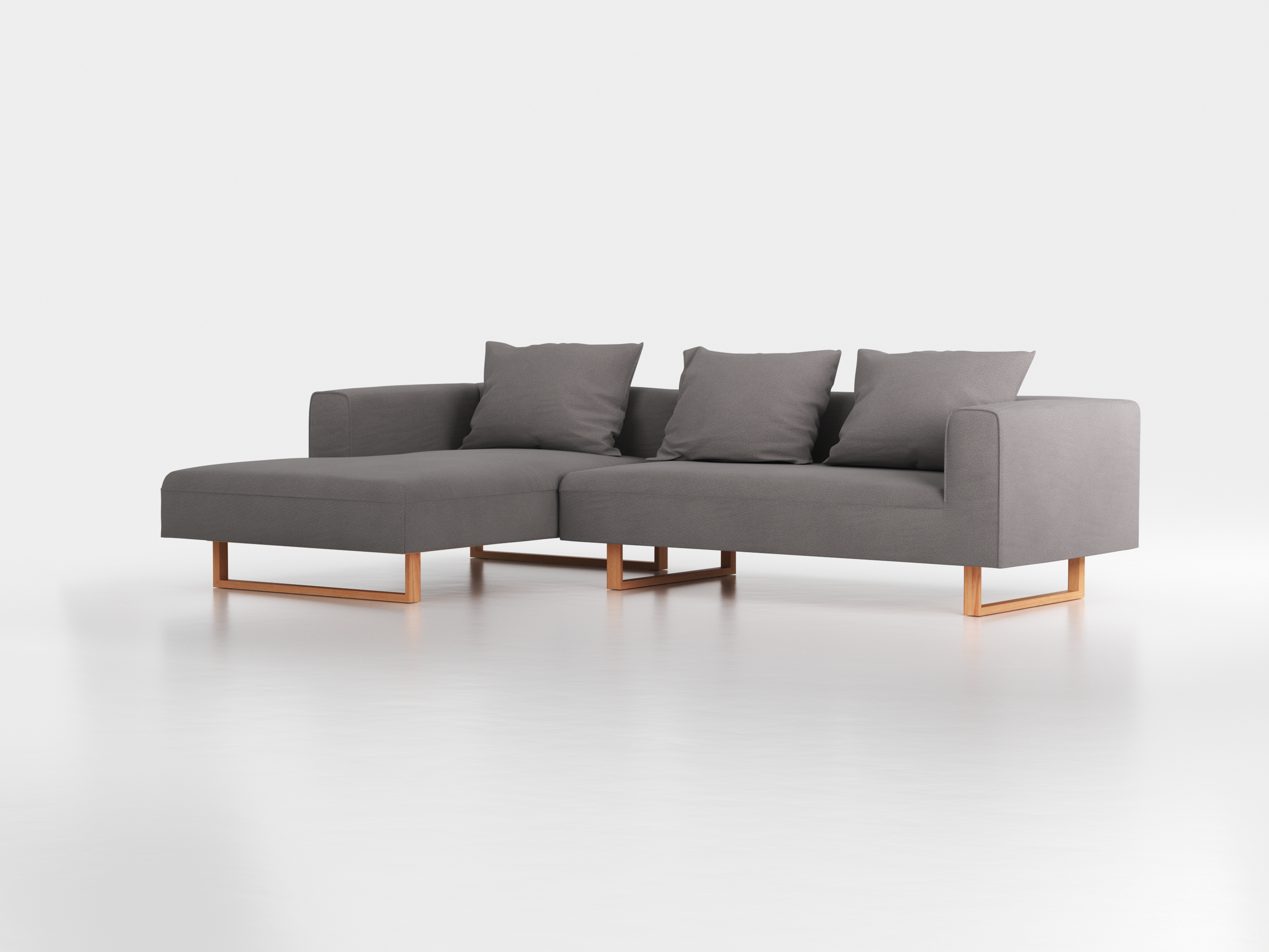 Lounge-Sofa Sereno inkl. 3 Kissen (70x55 cm), B 297 x T 180 cm, Liegeteil links, Kufenfuß, mit Bezug Wollstoff Elverum Mocca (73), Buche