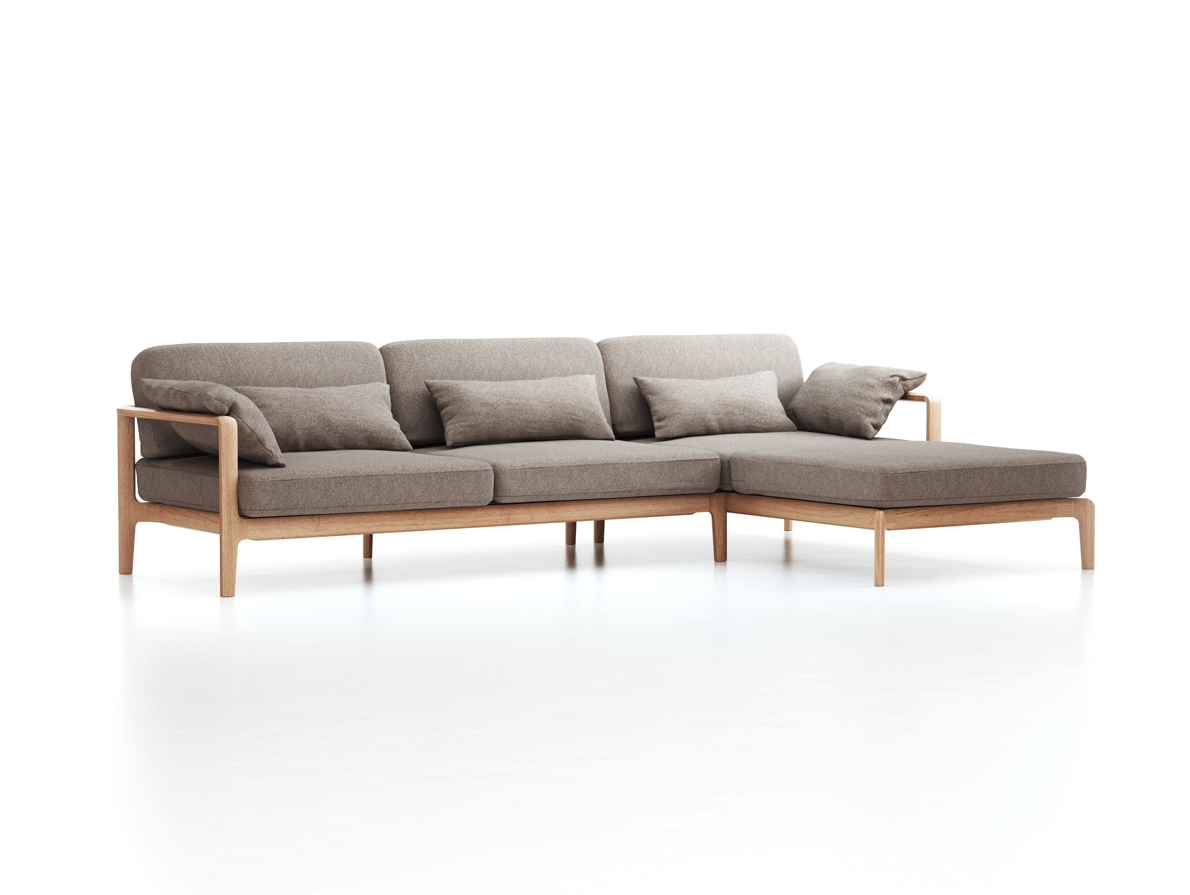 Loungesofa Linera, breit mit Liegeteil rechts, Wollstoff Tano Natur (79), Eiche